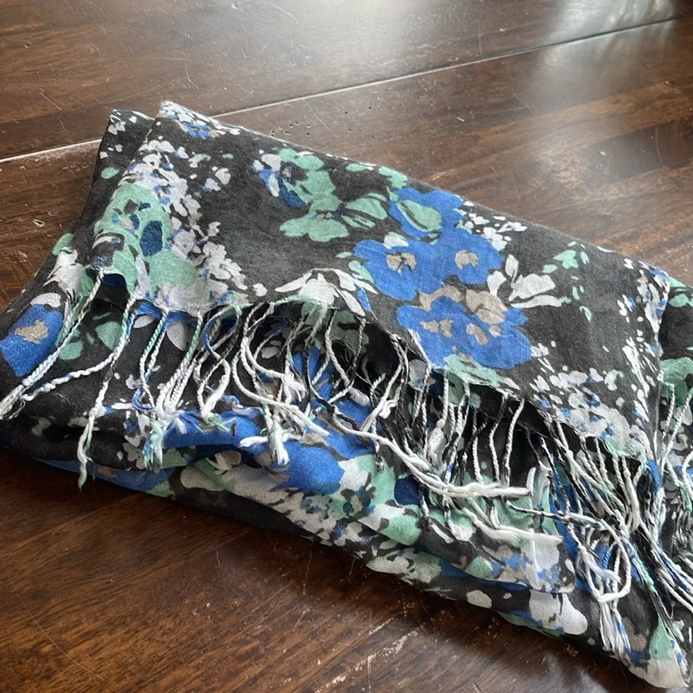 Floral Blue Black Scarf Women's Shawl Patterned Botanical Soft Lightweight Wrap